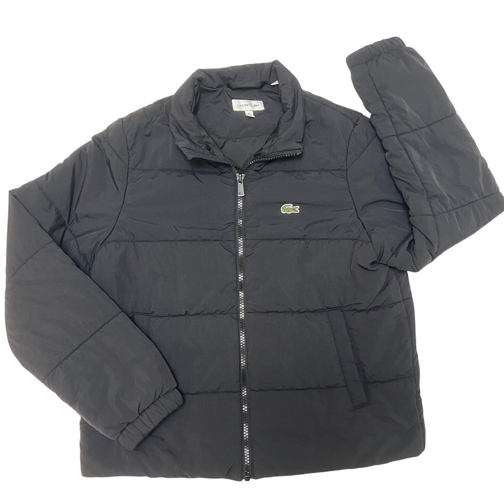 Lacoste Kids Black Puffer Jacket Logo Embroidered Full Zip Size 12‎